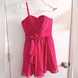One shoulder pink prom dress with bow